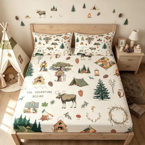 Cartoon Camper Bedding Set Queen Size Jungle Adventure Travel Fitted Sheet Wild Elk Animals Mountain Trees Bed Sheet for Kids Boys Teens Men Bedroom Decor Happy Camping Deep Pocket Sheet 3pcs