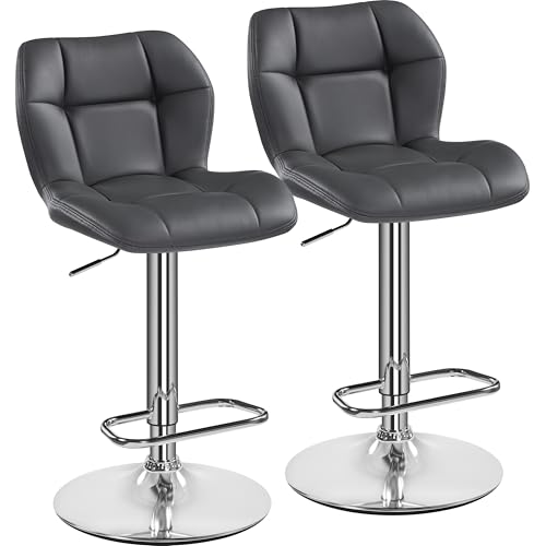 Yaheetech Bar Stools Set of 2, PU Leather Breakfast Bar Chairs, Swivel Height Adjustable Barstools, Counter Stools with Backrest for Home Kitchen Bar Restaurant, Grey