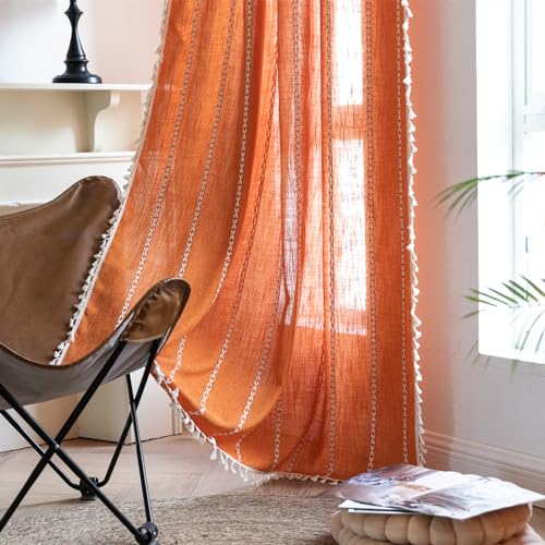 RoomTalks Orange Boho Farmhouse Curtains for Bedroom Living Room 84 Inch Length French Country Fall Autumn Cute Textured Window Curtain Panels Striped Bohemian Chic Tassel Draperies, 84??????L x 52??????W