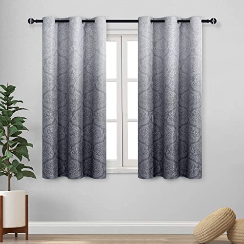 DWCN Grey Ombre Blackout Curtains for Bedroom - Damask Patterned Thermal Insulated Energy Saving Grommet Curtains for Living Room, Set of 2 Gradient Window Curtain Panels, 36 x 54 Inch Length, Grey