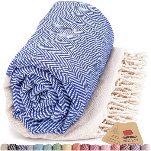 Bazaar Anatolia Beach Towel, 100% Cotton, 71x39 in, Herringbone Dark Blue - Lightweight, quick dry for beach, pool, travel, camping, sauna and yoga