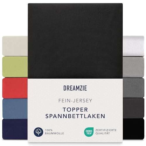 Dreamzie Premium Topper Fitted Sheet 180 x 200 cm - 200 x 200 cm - Extra Low Side Height - for Topper - Fitted Sheet Jersey Cotton, 150 g/m² - Oeko-Tex - Black