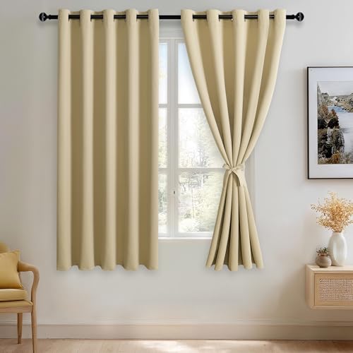 JIUZHEN Light Beige Blackout Curtains with Tiebacks - Thermal Insulated, Light Blocking and Noise Reducing Grommet Curtains for Bedroom and Living Room, Set of 2 Panels, 60 x 63 Inch Length