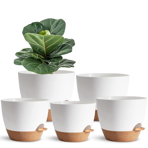 SE SUN-E 5Pack Self Watering Plant Pots for Lazy People, 7/6.5/6/5.5/5 Inch,White Plastic Self Watering Planter for All Houseplants,Succulent, African Violets,Snake Plants, Flowers and Cactus