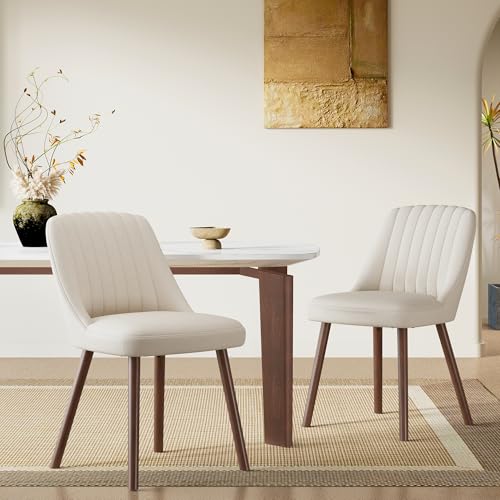 MALOL Wooden Dining Chairs Set of 2, Fabric Chairs for Dining Room with with Wood Legs and Thick Seat Cushion, Upholstered Kitchen Chair with Anti-Slip Pads, Beige