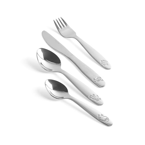 Salter 12-Piece Kids Dinosaur Cutlery Set - Knives, Forks, Dessert Spoons, & Teaspoons, Stainless-Steel, Dishwasher Safe, Mirror Polish, Embossed Pattern, Aged 1-5 Toddler Utensils, 25-Year Guarantee
