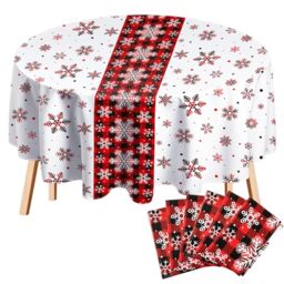 Potchen 6 Pcs Round Christmas Tablecloth 84 Inch Plastic Christmas Tree Snowman Snowflake Tablecloth Disposable Xmas Holiday Table Cover for Party Picnic Dinner Kitchen Decor (Snowflake)