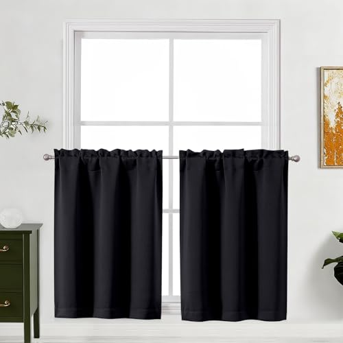 "Lecloud Black Kitchen Curtains 30 Inch Length 2 Pcs, Privacy Blackout Short Curtains, Thermal Insulated Home Decor Drapes with Rod Pockets for Cafe Laundry Room Bedroom, Each Panel 30"" W x 30"" L"