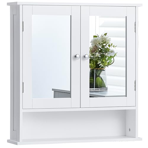 Bath Vida Priano 2 Door Bathroom Wall Cabinet with Shelf - White - Space-Saving Storage - 58H x 56W x 13D cm - Mirrored - Adjustable Shelf - Modern Wooden Cupboard Unit