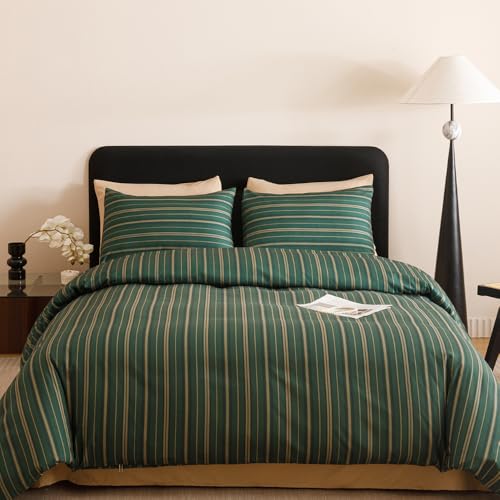 CLOTHKNOW Striped Queen Comforter Set 3Pcs Dark Green Bedding Comforter Sets Farmhouse Ticking Soft All Season Lightweight Comforter