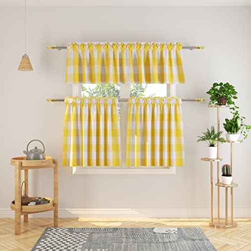 "Natus Weaver 3 Pc Cotton Classic Country Farmhouse Kitchen Window Curtain -Yellow & White Buffalo Check Tier & Valance Set, 54"" x 18"" / 27"" x 24"""
