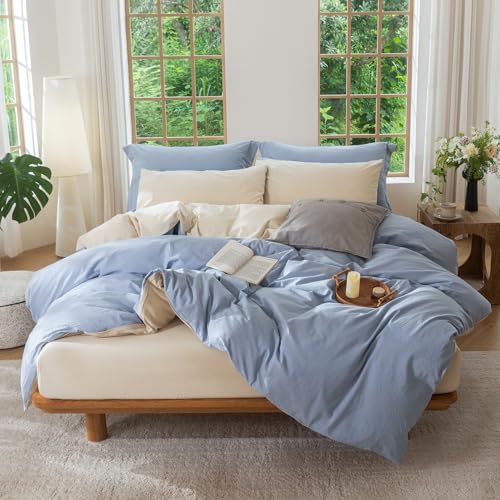 BDEAR INS Linen Feel Double Sided Reversible Duvet Cover King Size 104''W x 90''L, Oeko TEX Standard Cotton Duvet Cover with Zipper Closure Plus 2 Pillowcases, Cornflower Blue Plus Almond Milk Grey
