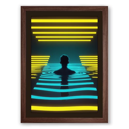 Figure in Neon Light Modern Framed Wall Art Print A4 (29.7×21cm) Walnut, Wall Decor for Living Room, Bedroom, Office & Home, Ready to Hang, Art Gift