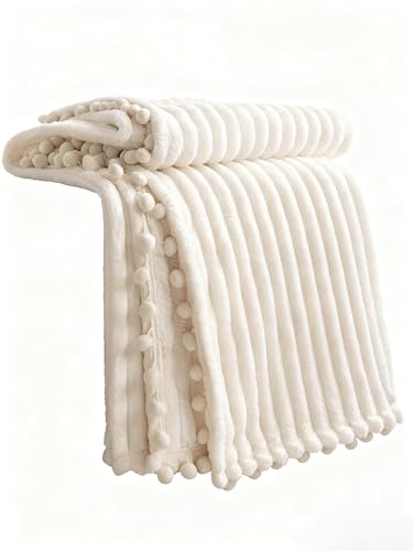 DISSA Fleece Blanket Twin Size – 51x63, Beige – Soft, Plush, Fluffy, Fuzzy, Warm, Cozy – Perfect Throw for Couch, Bed, Sofa - with Pompom Fringe - Flannel Blanket Throw Blanket