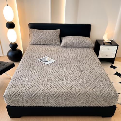 ZIQINPSQ Taffeta Velvet Jacquard Queen Fitted Sheet - Luxury Bedding - Ultra-Soft, Quick-Heat, Anti-Static, 360?? Mattress Protector, Gray, No Pillowcases