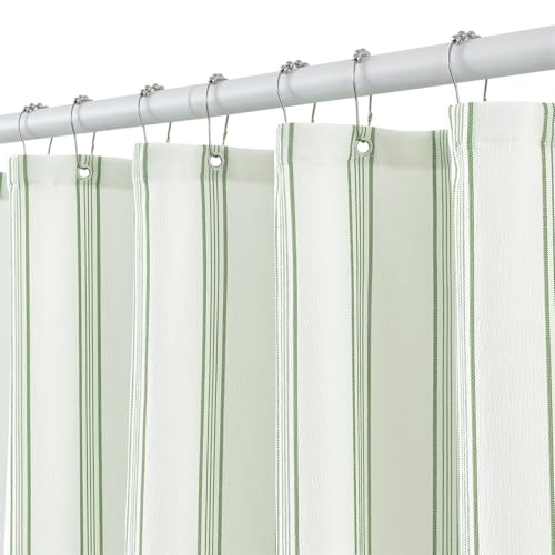 ORTIGIA Green and White Striped Shower Curtain with 12 Metal Hooks, Crinkled Lightweight Textured Fabric Modern Farmhouse Minimalist Bathroom Curtain 72x78 Inch
