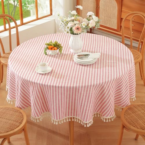 "TruDelve Round Tablecloth 60 Inch Red and White Striped Cloth Tablecloths Circle Outdoor Picnic Table Cloth Round Cover (Red,60"",Round)"