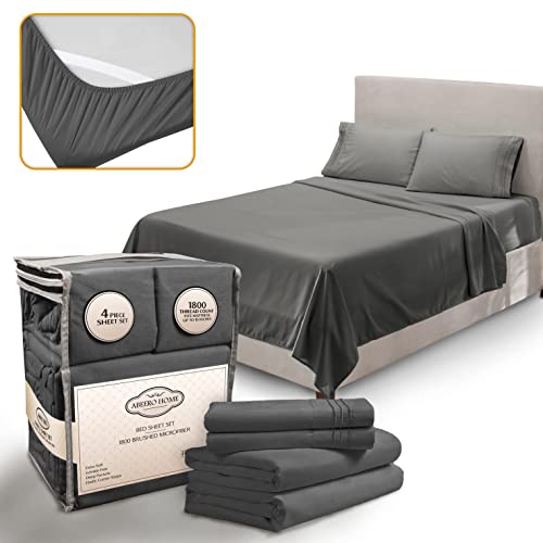 "Abeero Home Queen Size Premium Sheet Set - Luxury Hotel Bedding - Cooling Bed Sheets with Elastic Corner Straps - Up to 15"" Deep Pocket Mattress - Soft Sheets & Pillowcases - 4 Piece (Queen, Gray)"
