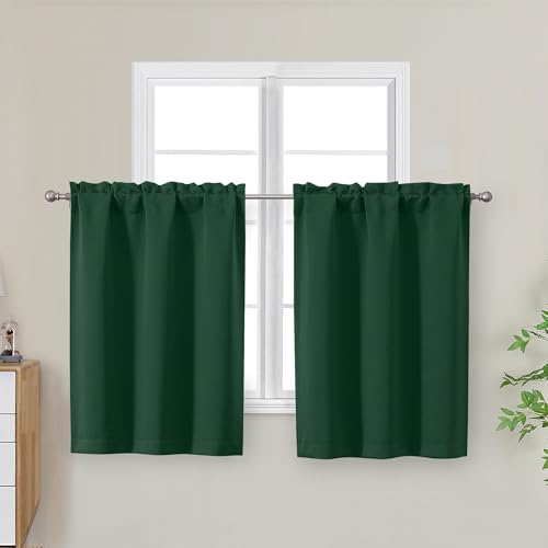 "OWENIE Ever Green Kitchen Curtains 30 Inch Length, Short Blackout Small Thermal Insulated Curtains Tier Over Sink Rod Pocket Half Window for Bathroom Bedroom Camper RV Bunk, 2 Panels Each 30"" Wx30 L"