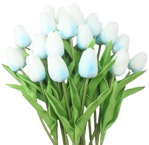ALIERSA 10 Heads Artificial Tulips,Blue - 13.38 Inch,Real Touch PU Faux Floral,Mini Artificial Flowers for Home Decor Wedding Centerpiece Party Table Arrangment