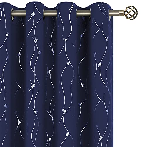 BGment Blackout Curtains 95 Inch Length 2 Panels Set Grommet Thermal Insulated Room Darkening Window Curtains with Wave Line and Dots Printed for Bedroom, 52 x 95 Inch, Navy Blue