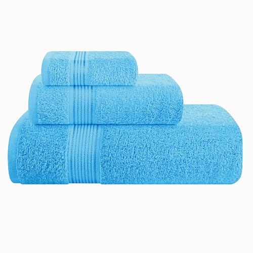 Belizzi Home Ultra Soft 3 Pack Cotton Towel Set, Contains a Bath Towel 28x55 inch, a Hand Towel 16x24 inch & a Wash Coth 12x12 inch, Ideal Everyday use, Compact & Lightweight - Turquoise Blue