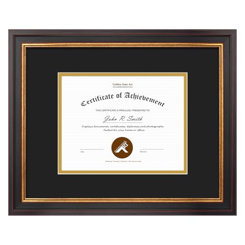 Golden State Art, 11x14 Document Frame for 7x9 Photos Diploma/Certificate, Wall Hang Frame, Black Gold & Burgundy Color, Includes Black Over Gold Double Mat and Real Glass (1-Pack)
