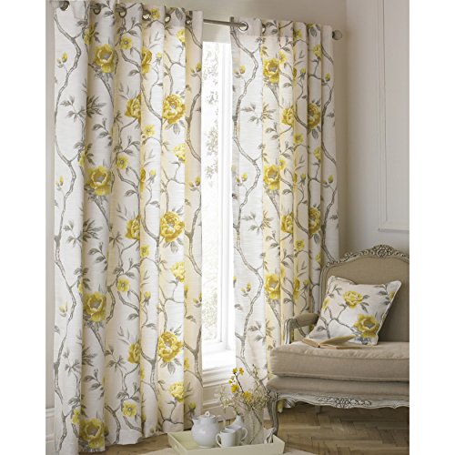 Riva Paoletti Rosemoor Ringtop Eyelet Curtains (Pair), 229cm x 137cm, Ochre Yellow and Beige