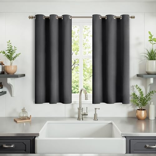 YoungsTex Dark Grey Blackout Curtains 40 Inch Length for Kitchen Bathroom Window - Thermal Insulated with Grommet Blackout Half Window Drapes for Bedroom, 2 Panels, 34 x 40 Inch