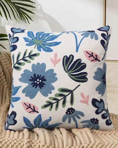 "Embroidered Floral Boho Throw Pillow Cover 18x18 Inch - Decorative Cotton Pillow Case for Couch, Sofa, Bedroom, Living Room - Farmhouse Home Aesthetic Housewarming Gifts (Blue Serenity, 18"" x 18"")"