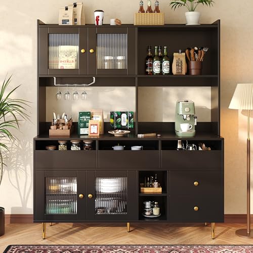 Ball & Cast Modern Kitchen Storage Cabinet with Changhong Glass Door, Wine Rack & Multi-Layer Storage – Stylish Sideboard for Kitchen, Dining Room, or Pantry – Black with Gold Decoration