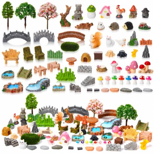 GGSTDDUP 65 Pcs Fairy Garden Accessories Mini Resin Animals Figures Miniature Table and Chairs Bridge Mushroom Pond Fence Moss Bonsai Landscape Ornaments Kit for Garden DIY Craft