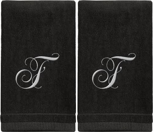 Monogrammed Towels Fingertip, Personalized Gift, 11 x 18 Inches - Set of 2 White Embroidered Towel - Extra Absorbent 100% Cotton - Soft Velour Finish - For Bathroom/Kitchen/Spa - Initial F (Black)
