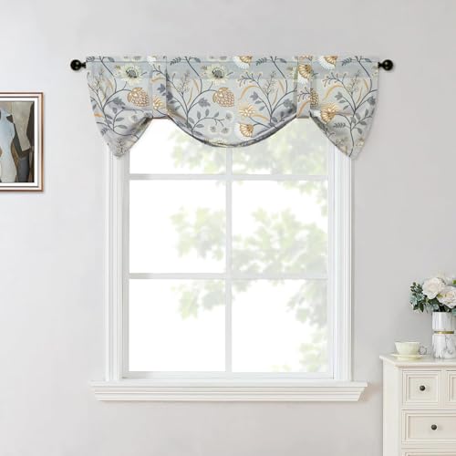 Leeva Tie Up Valances for Windows, Grey Flower Print Adjustable Short Window Treatments, Light Filtering Kitchen Curtains Valances for Living Room Bedroom, 52 x 18, One Panel