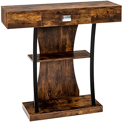CASART 3-Tier Console Table, T-Shaped Entryway Sofa Table Behind Foyer Table with Drawer, Shelves & Anti-Tipping Kits, Industrial Compact Couch Table for Living Room Hallway (1 Drawer, Rustic Brown)