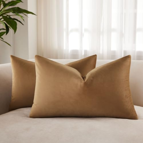 JUSPURBET Light Brown Lumbar Velvet Throw Pillow Covers 16x24 inch Set of 2 for Living Room Couch Sofa Bedroom Decorative Solid Cushion Cases with Invisible Zipper