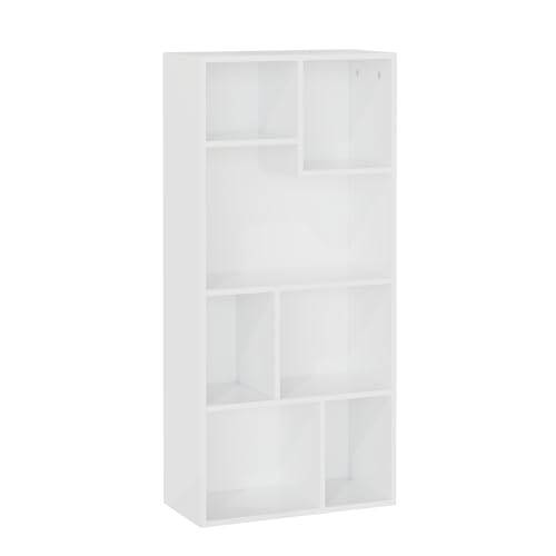 VECELO 4-Tier Bookcase, 7 Cube Wooden Bookshelf with Height Difference Shelves, Floor Standing Storage Display Unit for Living Room, Bedroom, Home Office