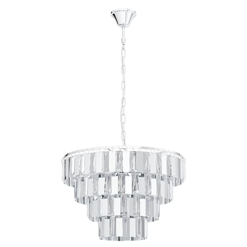 EGLO Erseka Pendant Light, 7-Bulb Modern, Elegant, Pendant Light Made of Steel in Chrome and Crystal in Clear Dining Table Lamp, Living Room Lamp Hanging with E14 Socket, Diameter 48.5 cm