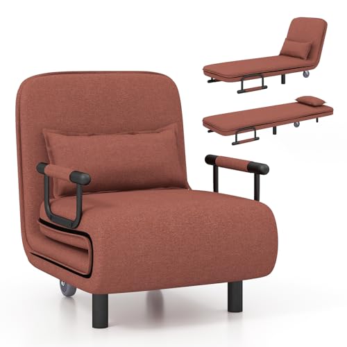 RELAX4LIFE 3-in-1 Sofa Bed, Folding Recliner Sleeper with 5-Position Adjustable Backrest, Pillow & Wheels, Convertible Single Lounge Couch for Living Room Bedroom Office (Coffee)