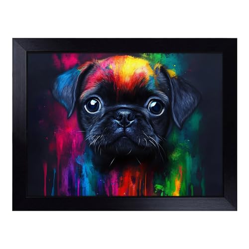 Lap Tray with Bean Bag Cushion, Pug Artwork Dog - Handmade in the UK, Raised Wooden Edge, Padded Cushion, Heat-Resistant Wipe-Clean Surface, for Meals, Laptops and Crafts