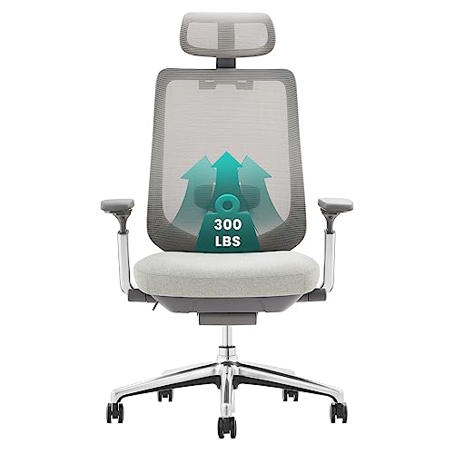 COLAMY Ergonomic Mesh Office Chair, High Back Computer Executive Desk Chair with Adjustable Headrest and 4D Arms, Slide Seat, Tilt Lock, Light Grey