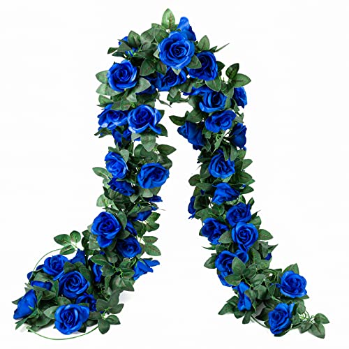 2 Pack / 16 FT Artificial Flowers Garland Fake Flower Rose Vine Lifelike Silk Decorative Wall Hanging Plant for Wedding Arch Door Arrangement Party Garden Home Bedroom Office Decoration Blue