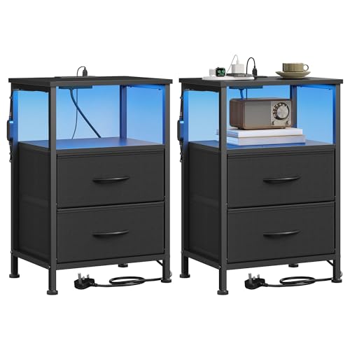 SONGMICS BELLAH Collection - Bedside Table with Charging Station, Side End Table with App-Controlled Adjustable LED Lights, Modern, 1 Shelf, 2 Drawers, Set of 2, Ink Black LGS202B103