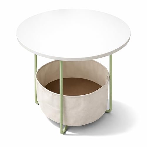 Relaxdays side table, round, with fabric basket, H x D 50x45cm, coffee table for living room, MDF, metal, sage cream
