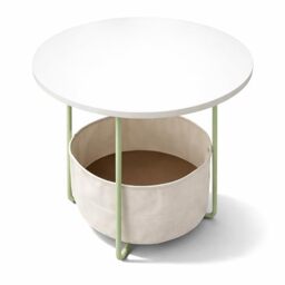 Relaxdays side table, round, with fabric basket, H x D 50x45cm, coffee table for living room, MDF, metal, sage cream