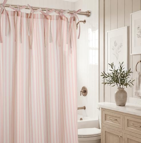 Pink Striped Shower Curtain Hookless Linen Blend Washable for Bathrooms Bedrooms Classrooms Offices and More Standard 72X72 Inches