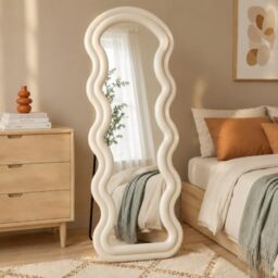 Clevich Wavy Full Length Mirror 160x60cm, Floor Free Standing Mirror with Stand, Wall Mounted, Ivory White Flannel Frame, HD Shatterproof Nano Glass, for Bedroom Living Room
