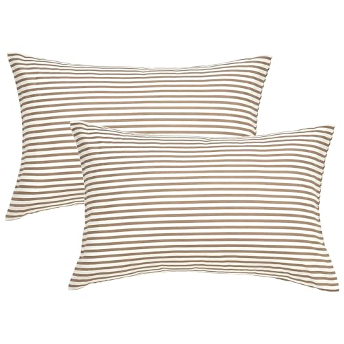 JELLYMONI Cotton Classic Striped Pillowcases Set of 2, Tan, King - Soft breathable feel, Envelope closure, 400TC cotton, Machine washable, Gentle on skin