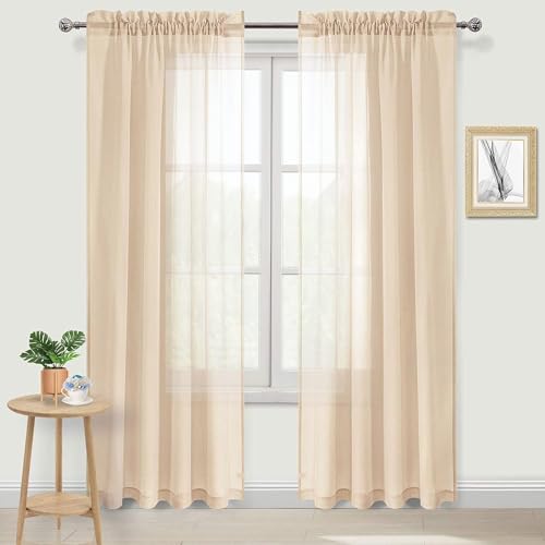 DWCN Beige Sheer Curtains Semi Transparent Voile Rod Pocket Curtains for Bedroom and Living Room, 52 x 84 inches Long, Set of 2 Panels