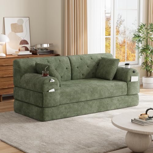 Ball & Cast Folding Sofa Bed 160cm King Size, Convertible Modular Sofa, Corduroy Boneless Couch with Metal Frame, 2 Seater Floor Futon Mattress, Non Slip Base, Washable Cover,Green